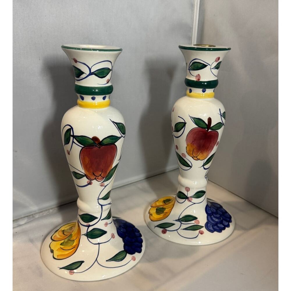 Vintage Bella‎ Casa by Ganz candlestick holders Fruit & Leaves hand painted disc